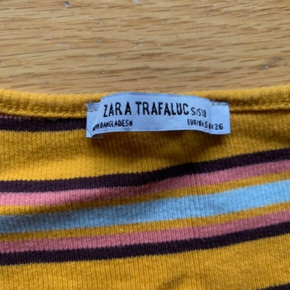 Zara Trafaluc Ribbed Striped Crop Top | Mustard Yellow Retro Tee | Size S - Picture 3 of 7